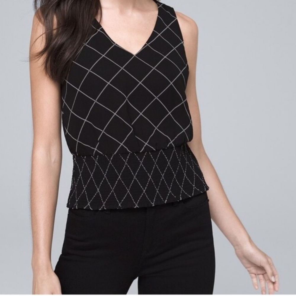 WHBM Window Pane Shell in Window Weave Black Top Blouse Size 0